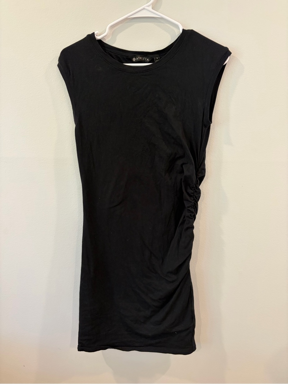 Athleta Black Tulip Dress Ruched Sleeveless Body-con Flattering Stretch Midi SzS